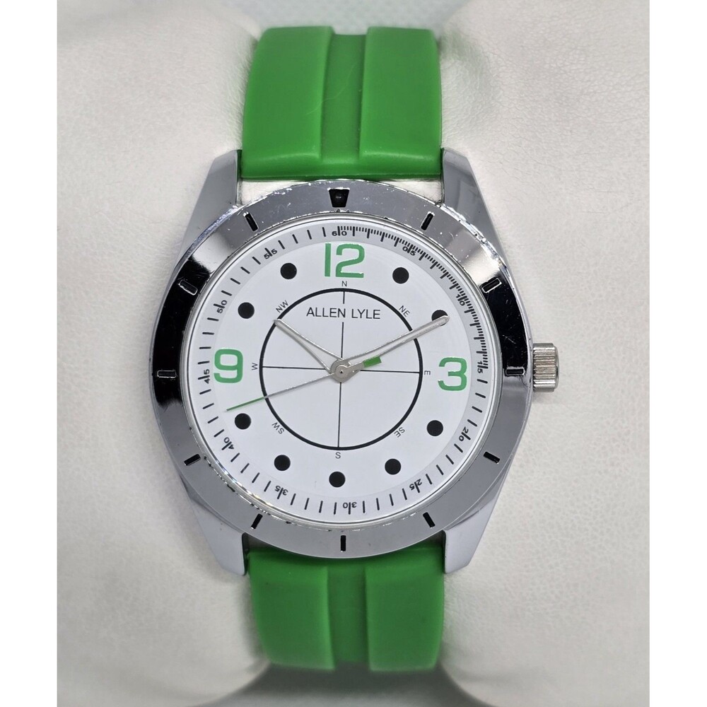 Men's Allen Lyle Casual Classic Round Silver Tone Green Rubber Band Watch 12